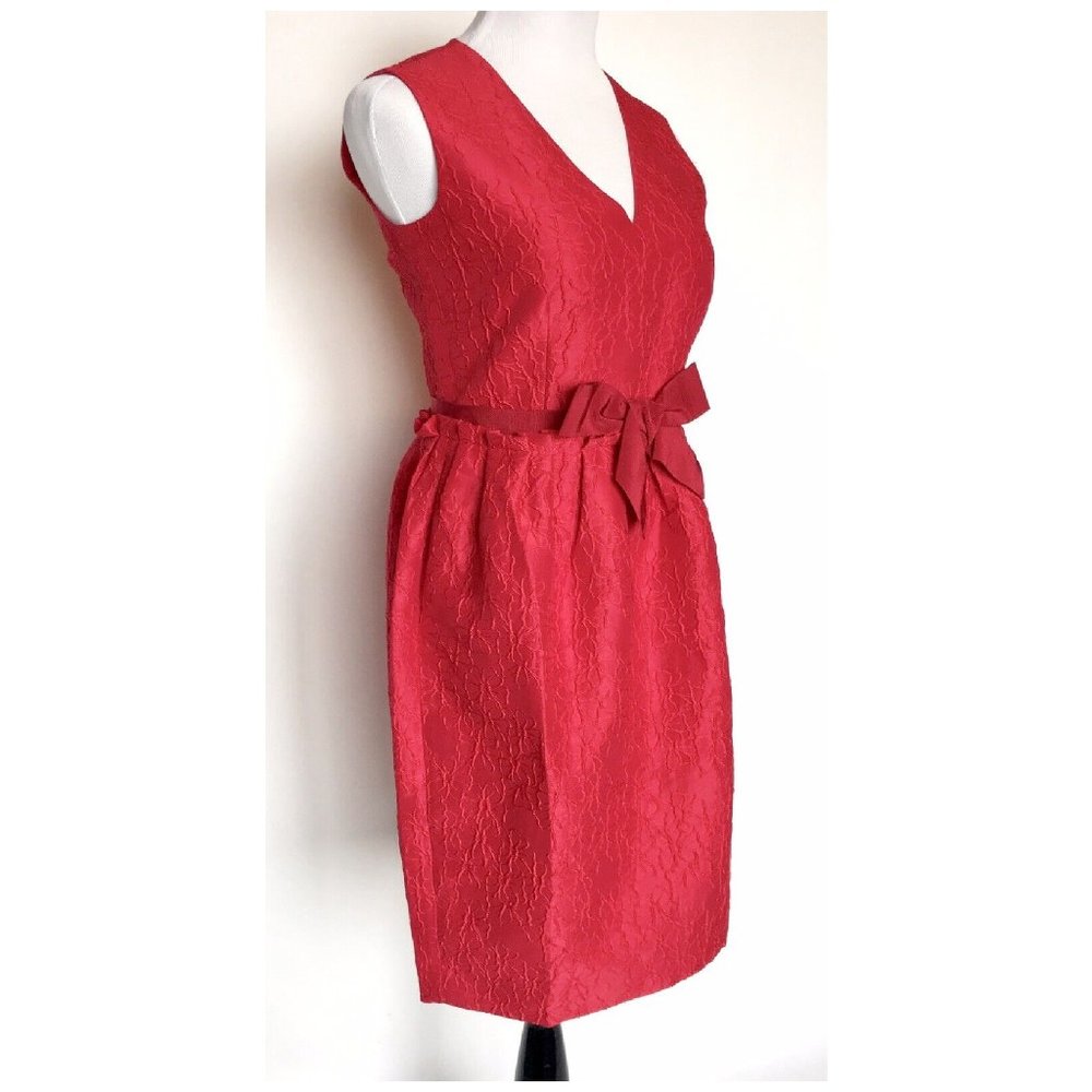 Carolina Herrera Red Bow Sleeveless Cocktail Dress 12 Ribbon Waist Floral Satin - Picture 6 of 14